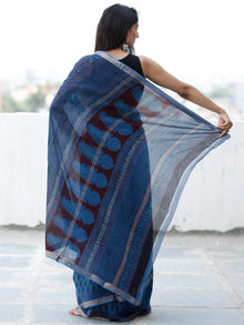 Blue Rust Black Bagh Hand Block Printed Maheswari Silk Saree With Resham Border - S031703837