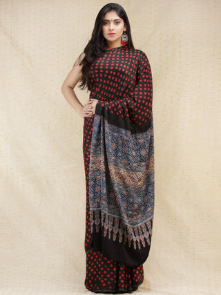 Black Maroon Indigo Bandhej Modal Silk Saree With Ajrakh Printed Pallu & Blouse - s031704141