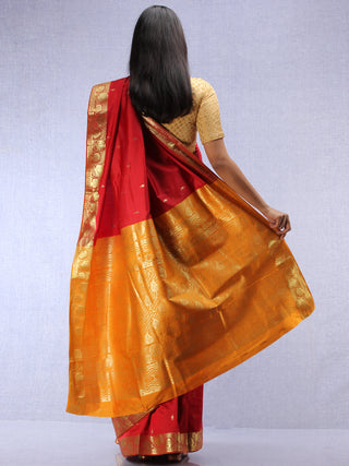 Banarasee Art Silk Saree With Zari Work - Red Yellow & Gold - S031704411