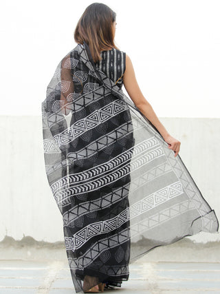 Black & White Hand Block Printed Kota Doria Saree  - S031704078