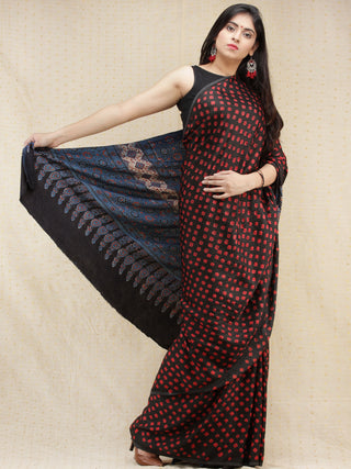 Black Maroon Indigo Bandhej Modal Silk Saree With Ajrakh Printed Pallu & Blouse - s031704141