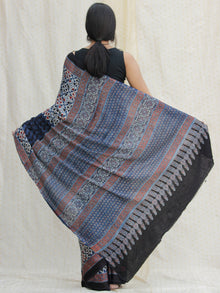 Indigo Ivory Black Red Ajrakh Hand Block Printed Modal Silk Saree - S031704125