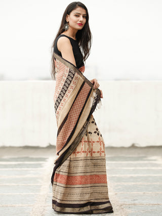 Beige Red Black Hand Block Printed Handwoven Linen Saree With Zari Border - S031704037