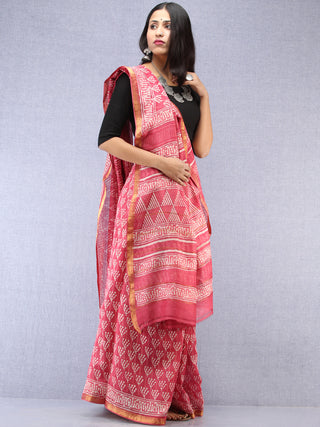 Pink Ivory Hand Block Printed Maheshwari Silk Saree With Zari Border - S031704490