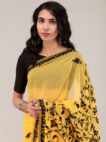 Yellow Aari Embroidered Georgette Saree From Kashmir - S031704634