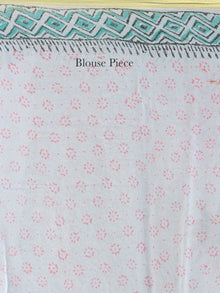 Baby Blue Pink Green Hand Block Printed Chiffon Saree with Zari Border - S031704594