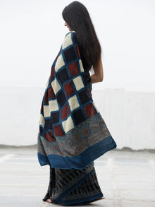 Indigo Black Maroon Ivory Ajrakh Hand Block Printed Modal Silk Saree in Natural Colors - S031703704