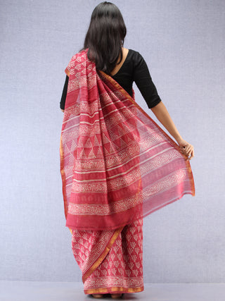 Pink Ivory Hand Block Printed Maheshwari Silk Saree With Zari Border - S031704490