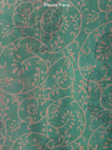 Green Yellow Pink Hand Block Printed Chiffon Saree with Zari Border - S031703922