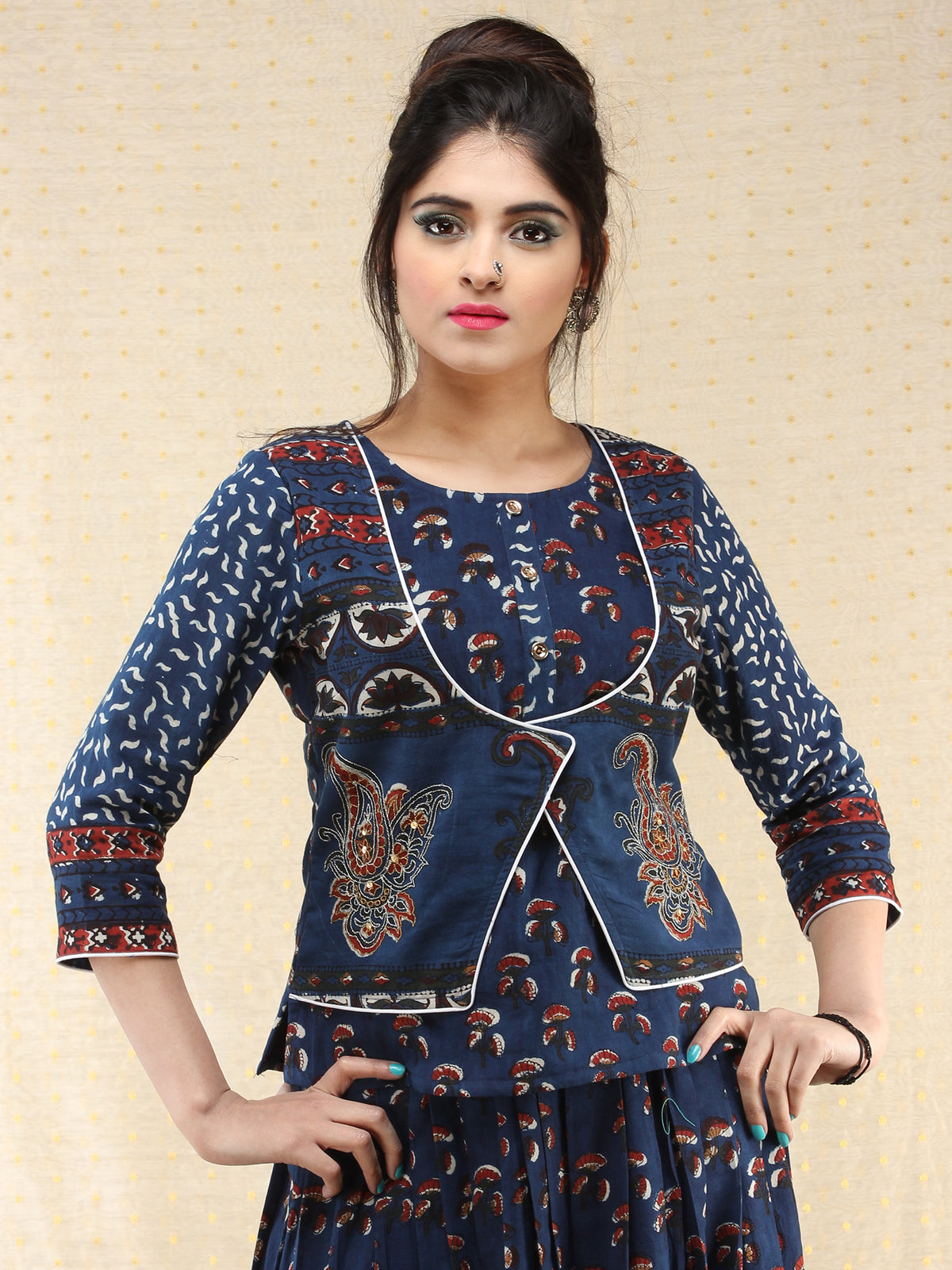 Naaz Furozan - Hand Block Printed Long Embroidered Jacket Top & Skirt  - DS88F002