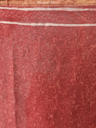 Rosewood Pink White Hand Block Printed Maheshwari Saree With zari Border - S031704465