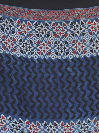 Indigo Ivory Black Red Ajrakh Hand Block Printed Modal Silk Saree - S031704125