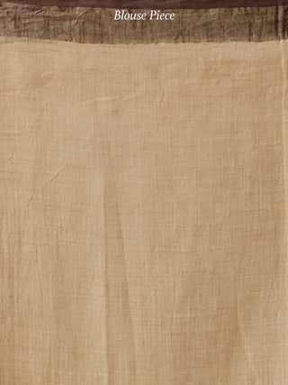 Beige Red Black Hand Block Printed Handwoven Linen Saree With Zari Border - S031704037