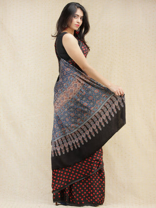Black Maroon Indigo Bandhej Modal Silk Saree With Ajrakh Printed Pallu & Blouse - s031704141