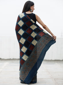 Indigo Black Maroon Ivory Ajrakh Hand Block Printed Modal Silk Saree in Natural Colors - S031703704