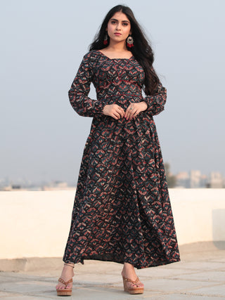 Black Indigo Maroon Hand Block Printed Deep Back Cotton Long Dress D461F2140