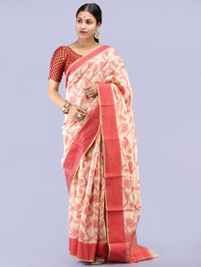 Banarasee Chanderi Saree With Resham Border & Butta - Ivory & Red - S031704300