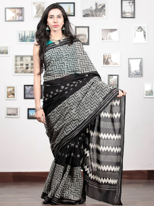 Black White Grey Hand Block Printed Cotton Mul Saree   - S031703028