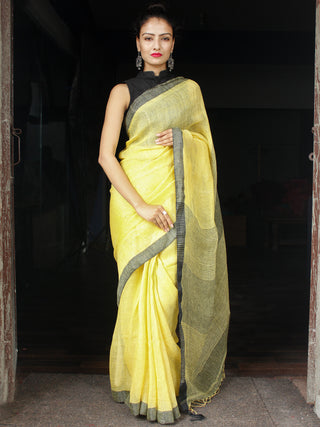 Lemon Yellow Handwoven Linen Saree With Sequence Work & Tassels - S031704033