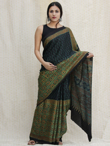 Bottle & Lime Green Black  Ajrakh Hand Block Printed Modal Silk Saree - S031704126