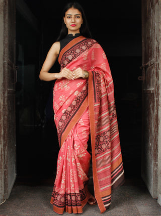 Pink Ivory Black Chanderi Silk Hand Block Printed Saree With Geecha Border - S031703992