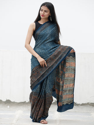 Indigo Black Maroon Beige Ajrakh Hand Block Printed Modal Silk Saree in Natural Colors - S031703705