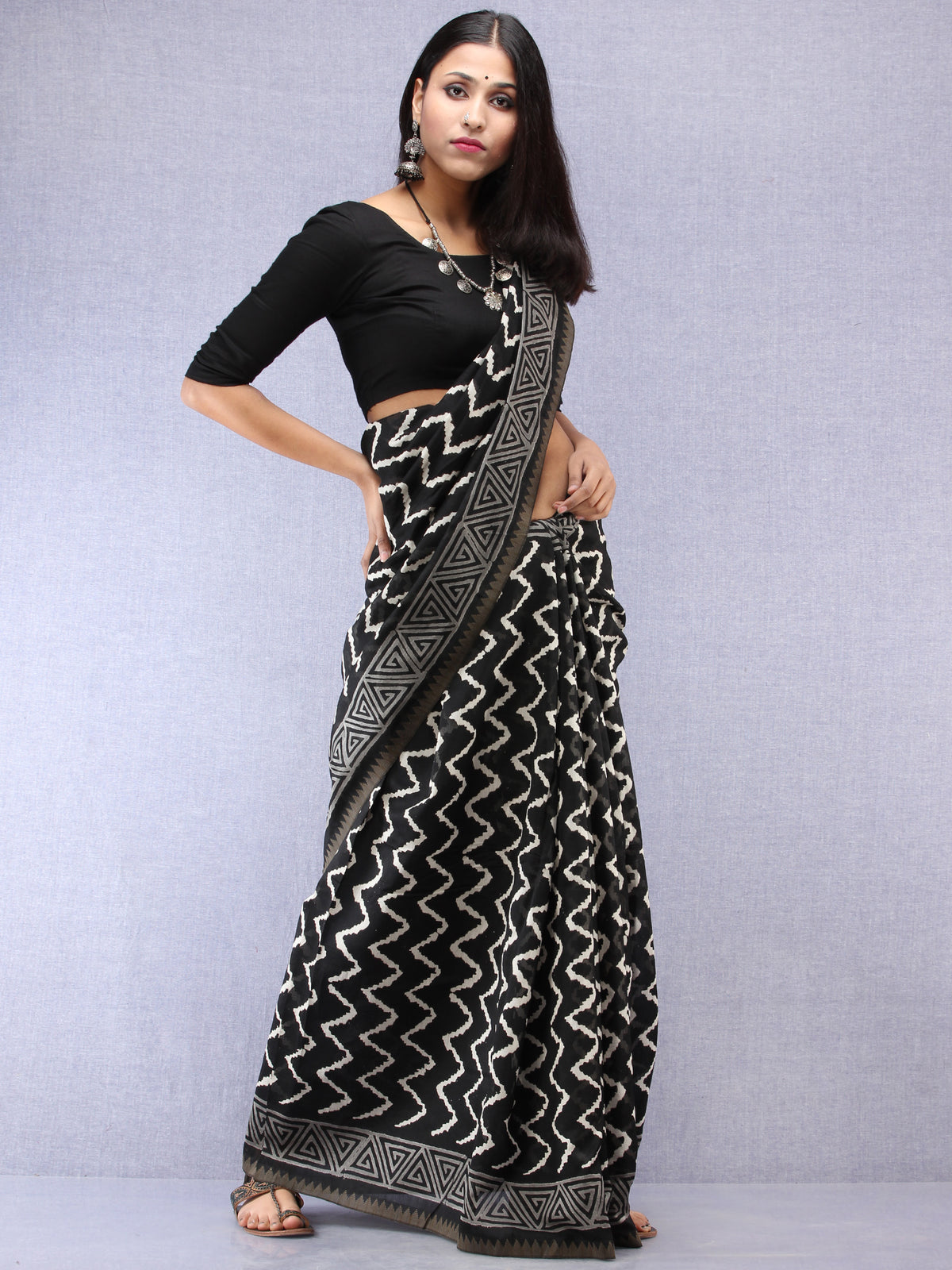 Black White Hand Block Printed Chanderi Saree With Geecha Border - S031704519
