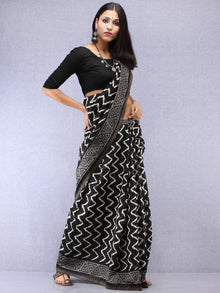 Black White Hand Block Printed Chanderi Saree With Geecha Border - S031704519
