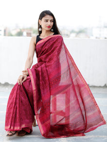 Deep-Pink Black Bagh Hand Block Printed Maheswari Silk Saree With Resham Border - S031703838