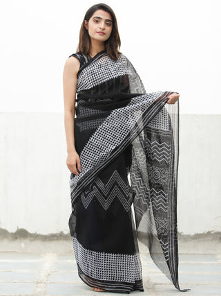 Black & White Hand Block Printed Kota Doria Saree  - S031704079