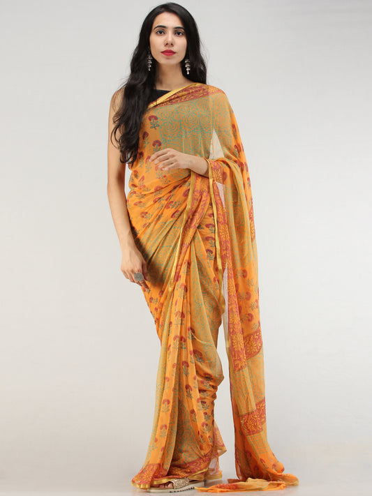 Yellow Green Hand Block Printed Chiffon Saree with Zari Border - S031704564