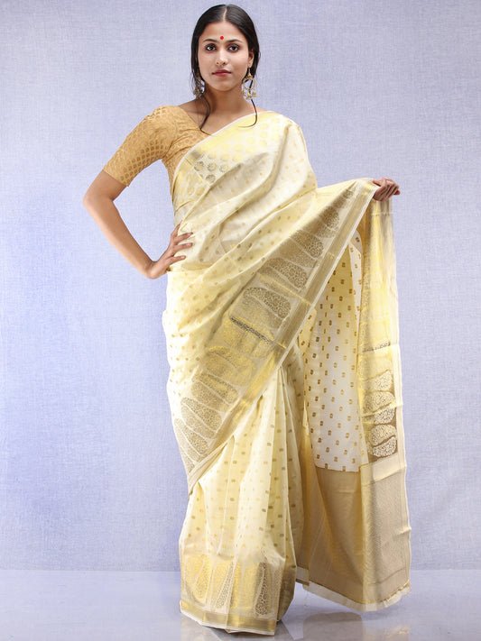 Banarasee Semi Silk Saree With  Golden Zari Work - Ivory & Gold - S031704366