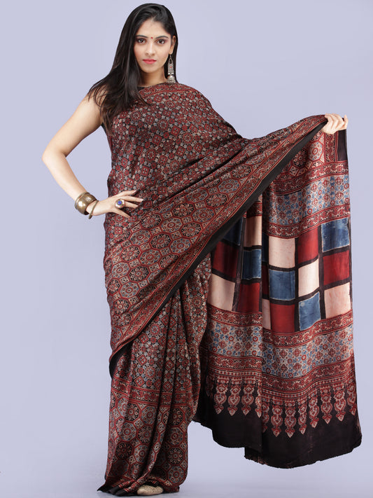 Maroon Black Beige Indigo Ajrakh Hand Block Printed Modal Silk Saree - S031704255