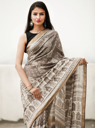 Kashish Ivory Hand Block Printed Handwoven Linen Saree With Zari Border - S031704038
