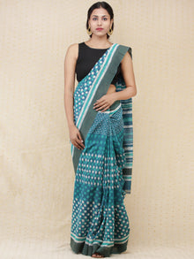 Teal Blue White Green Chanderi Silk Hand Block Printed Saree With Geecha Border - s031704162