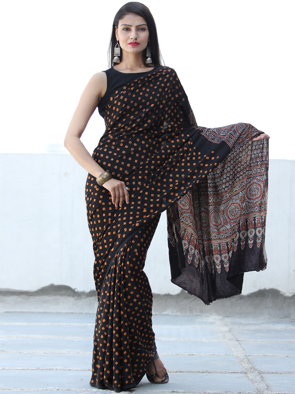 Black Mustard Indigo Maroon Bandhej Modal Silk Saree With Ajrakh Printed Pallu & Blouse - S031703883