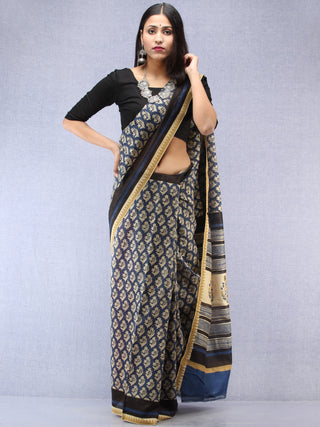 Indigo Ivory Hand Block Printed Chanderi Saree With Geecha Border - S031704491