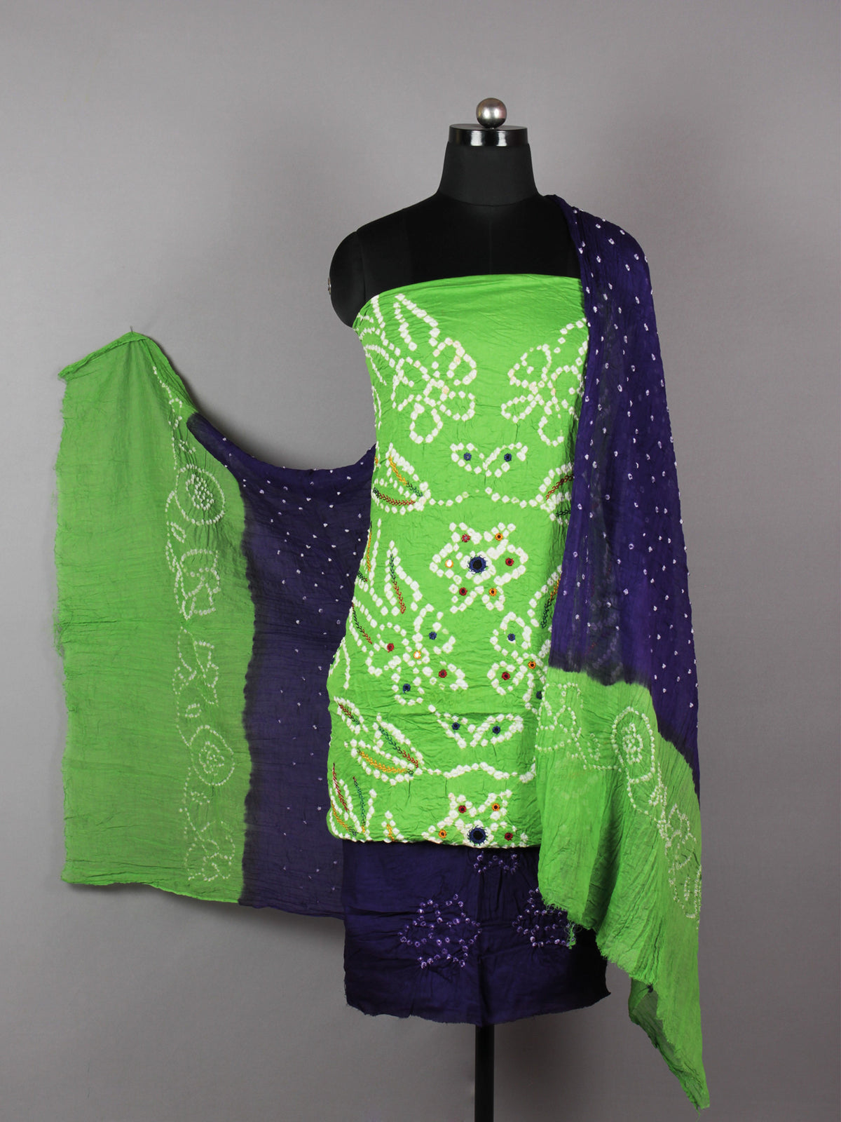 Pastel Green Indigo White Hand Tie & Dye Bandhej Suit Salwar Dupatta (Set of 3) With Hand Embroidery & Mirror Work - S16281251
