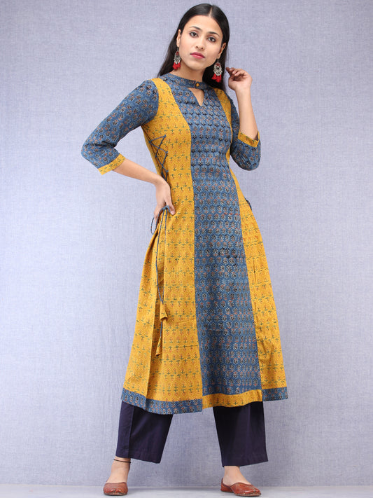 Indigo Mustard Ajrakh Hand Block Printed Cotton Kurta With Side Knots - K203F1536