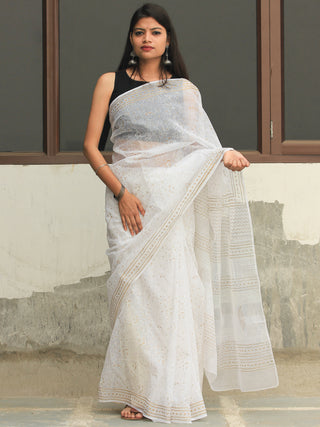 White Gold Hand Block Printed Kota Doria Saree  - S031704085