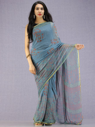 Steel Blue Red Green Hand Block Printed Chiffon Saree with Zari Border - S031704595