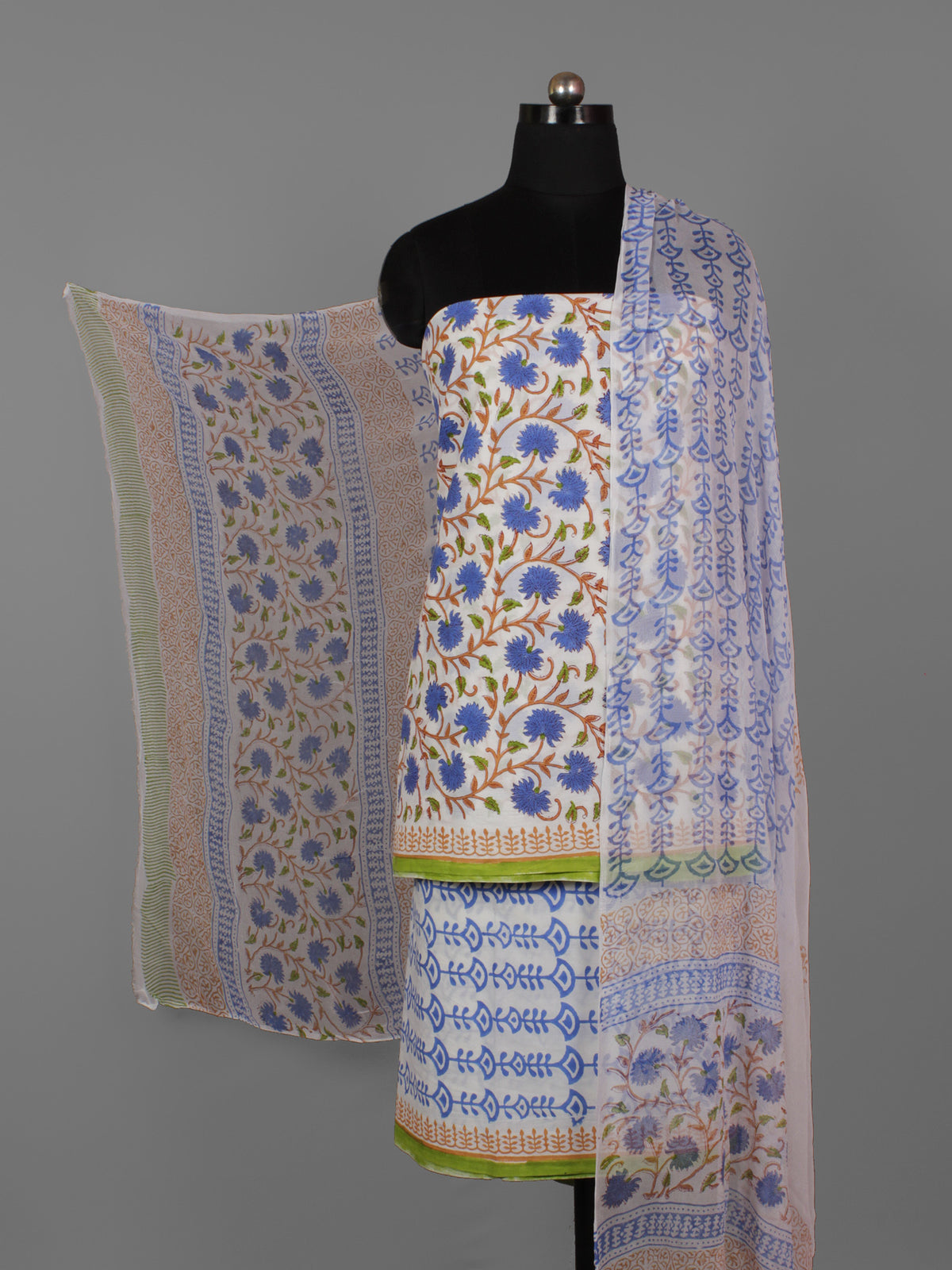 Ivory Blue Green Hand Block Printed Cotton Suit-Salwar Fabric With Chiffon Dupatta (Set of 3) - S16281289
