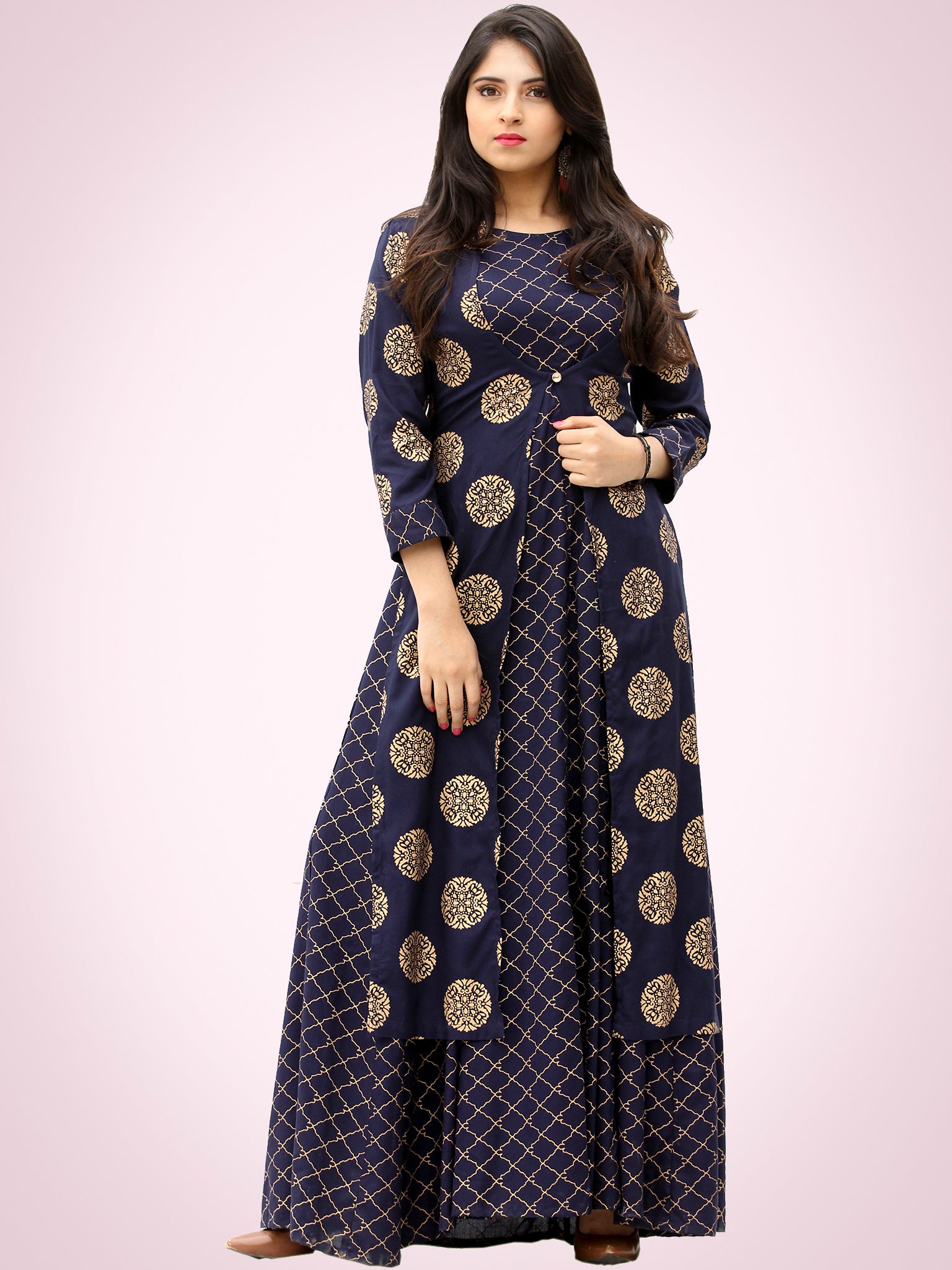 Jina - Indigo Gold Block Printed Long Cape Dress