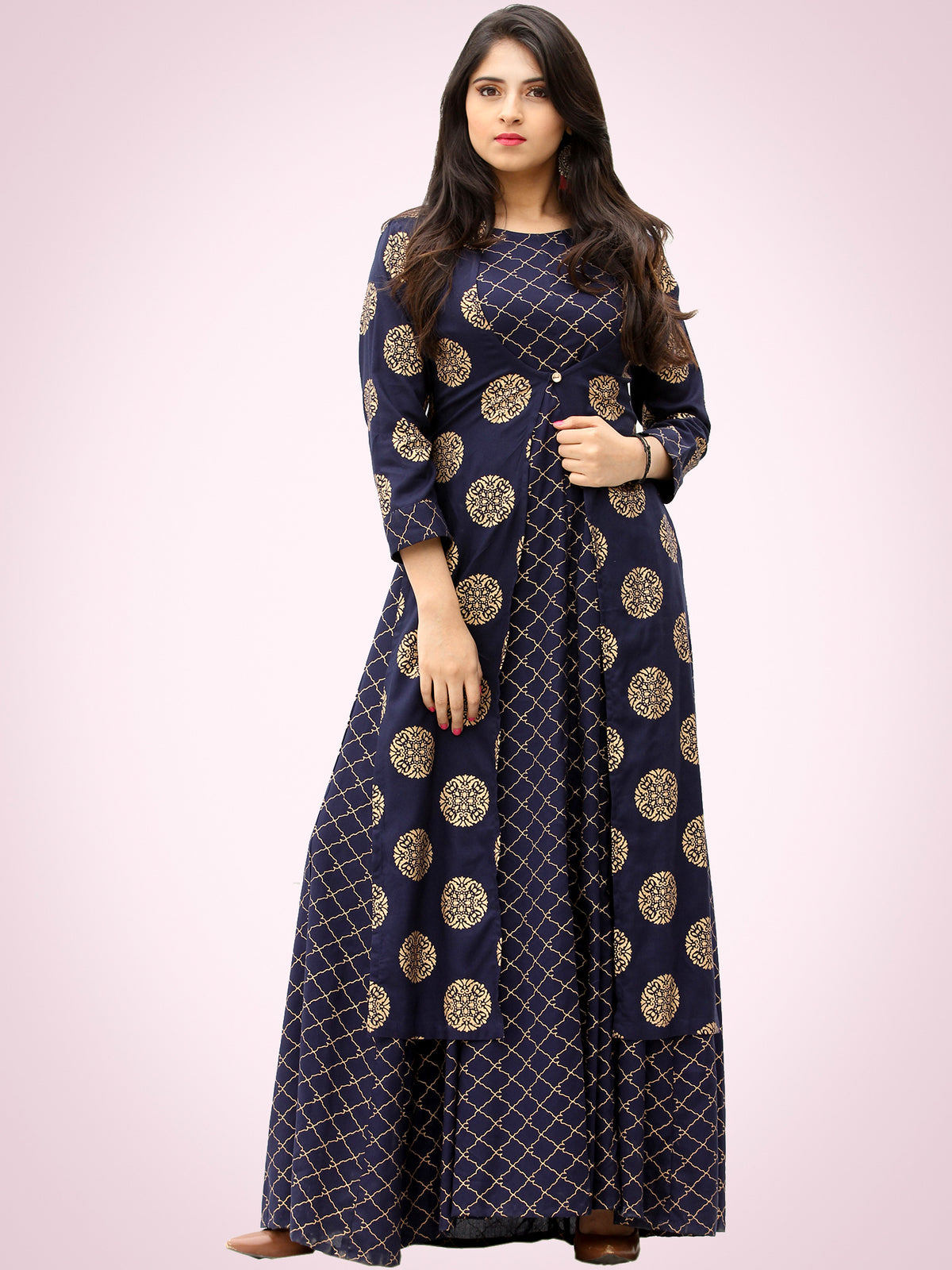 Jina - Indigo Gold Block Printed Long Cape Dress - D400F2199