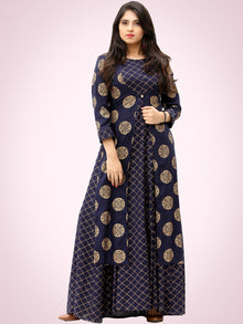 Jina - Indigo Gold Block Printed Long Cape Dress - D400F2199