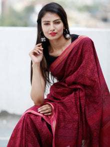 Deep-Pink Black Bagh Hand Block Printed Maheswari Silk Saree With Resham Border - S031703838