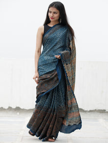 Indigo Black Maroon Beige Ajrakh Hand Block Printed Modal Silk Saree in Natural Colors - S031703705