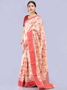 Banarasee Chanderi Saree With Resham Border & Butta - Ivory & Red - S031704300