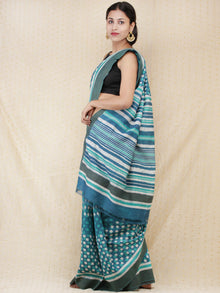 Teal Blue White Green Chanderi Silk Hand Block Printed Saree With Geecha Border - s031704162