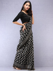 Black White Hand Block Printed Chanderi Saree With Geecha Border - S031704519